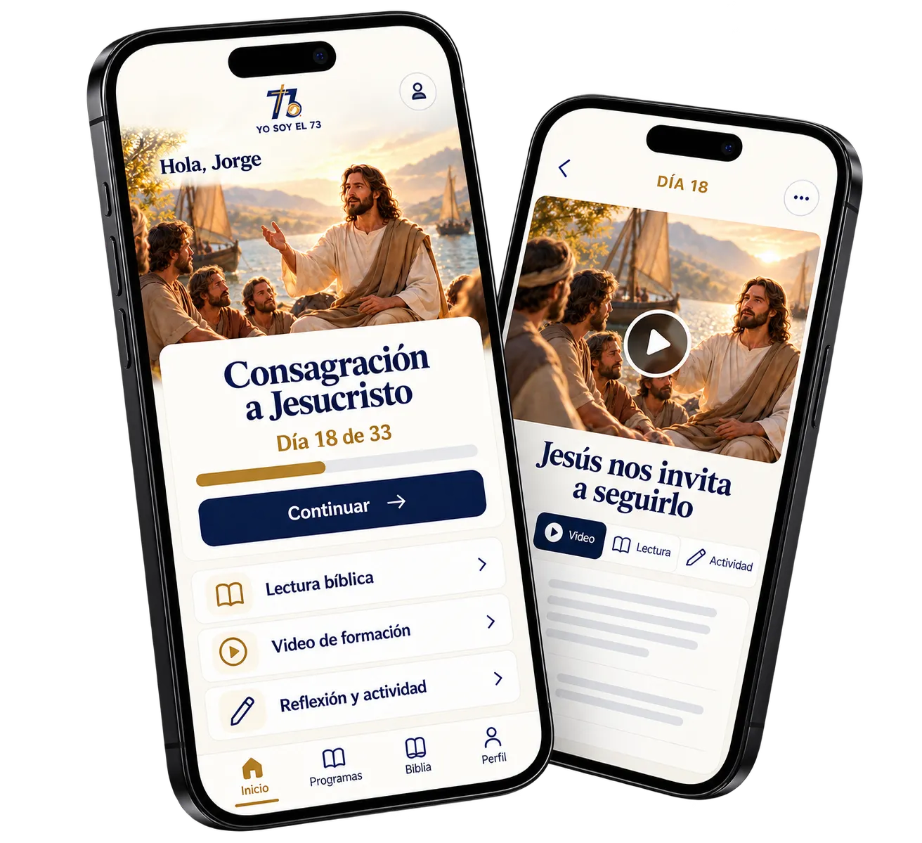 La app de Yo Soy el 73 mostrando el día 18 de 33 de la Consagración a Jesucristo