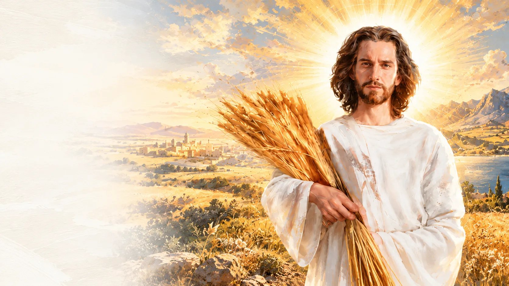Jesús con una gavilla de trigo en un paisaje dorado al amanecer